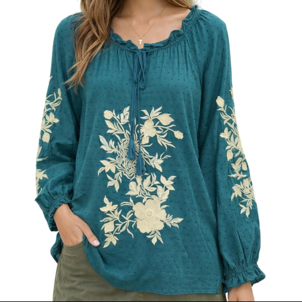 Solitaire Embroider Peasant Top Pleats Ruffle Green Cream L Boho Prairie Cottage